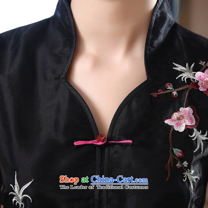 Morning new qipao Land summer short of improvement and Stylish retro CHINESE CHEONGSAM short-sleeved T-shirt OSCE root yarn embroidery black , L, morning land has been pressed shopping on the Internet
