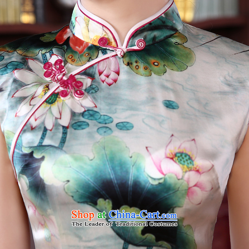 The new land morning 2015 summer short of improvement and Stylish retro double herbs extract silk CHINESE CHEONGSAM Ching-lin green XL, morning land has been pressed shopping on the Internet