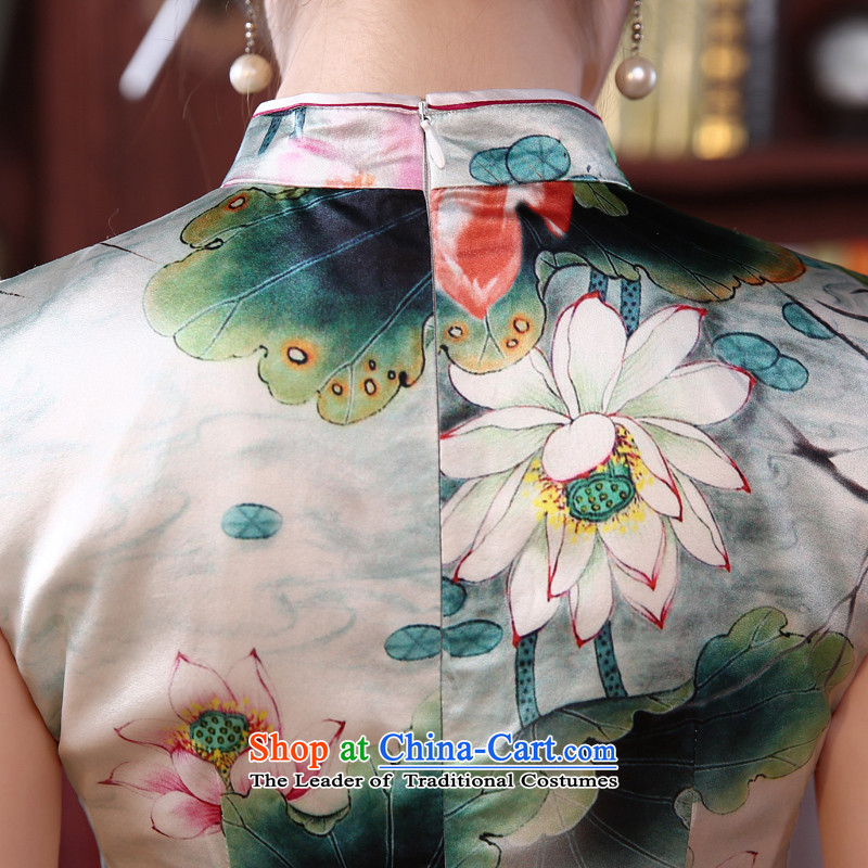 The new land morning 2015 summer short of improvement and Stylish retro double herbs extract silk CHINESE CHEONGSAM Ching-lin green XL, morning land has been pressed shopping on the Internet