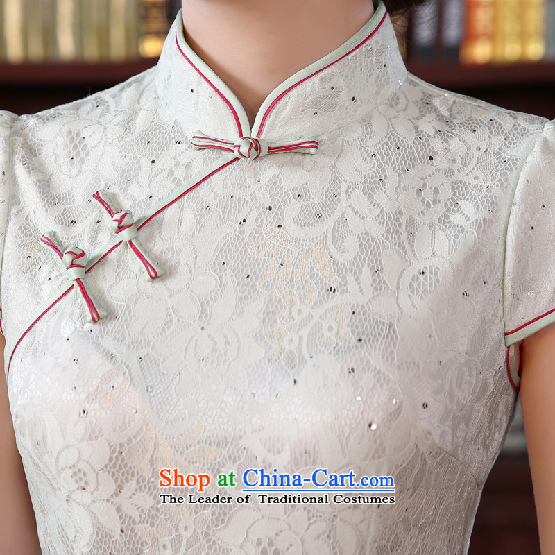 Land 2015 summer morning new improved Stylish retro short of cheongsam dress Lace Embroidery daily female skirt light green , L, morning land has been pressed shopping on the Internet