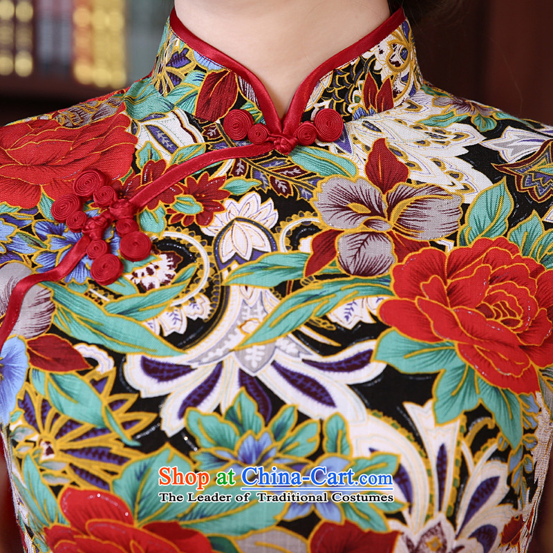 Land 2015 summer morning new Stylish retro short of improved cheongsam dress Chinese daily cotton linen dresses red , L, morning land has been pressed shopping on the Internet