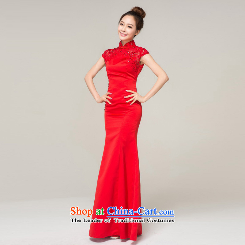 Recalling that the red collar packages in Colombia shoulder red long marriages qipao Chinese spring and summer retro crowsfoot bows dress Q13619 red red, Colombia has been pressed, recalling that shopping on the Internet