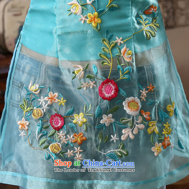 Morning new qipao Land summer short of improvement and Stylish retro CHINESE CHEONGSAM short-sleeved T-shirt OSCE root yarn embroidered light blue 155/S, morning land has been pressed shopping on the Internet