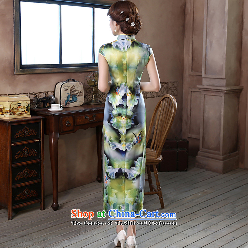 Land 2015 summer morning new improved Stylish retro long cheongsam dress lace daily female skirt green edge green XL, morning land has been pressed shopping on the Internet
