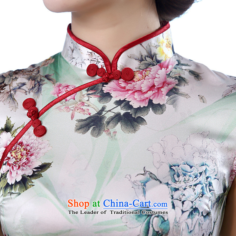 Morning new qipao land 2015 Summer retro short-sleeved improved stylish herbs extract heavyweight Silk Cheongsam Dress Suit M morning peony green land has been pressed shopping on the Internet