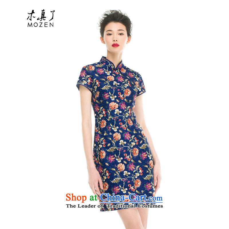 The MOZEN2015 wood really spring and summer new Chinese collar flower embroidery texture short qipao 43148 10 deep blue?S