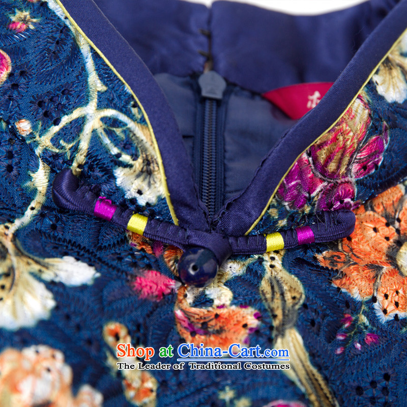 The MOZEN2015 wood really spring and summer new Chinese collar flower embroidery texture short qipao 43148 10 deep blue wooden really a , , , S, shopping on the Internet