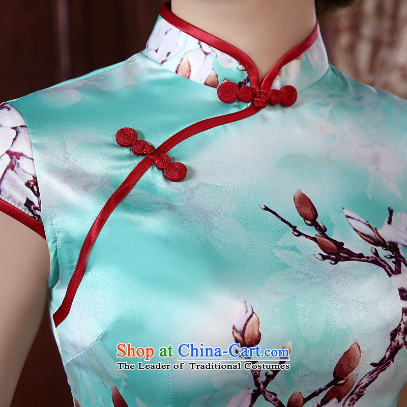 Morning new qipao land 2015 summer short of improvement and Stylish retro herbs extract Chinese Silk Cheongsam Magnolia light blue M morning land has been pressed shopping on the Internet