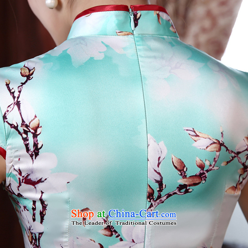 Morning new qipao land 2015 summer short of improvement and Stylish retro herbs extract Chinese Silk Cheongsam Magnolia light blue M morning land has been pressed shopping on the Internet