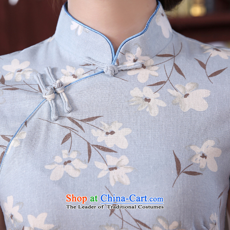 Land 2015 summer morning new Stylish retro short of improved cheongsam dress Chinese daily cotton linen, blue-gray gray-blue , L, morning land has been pressed shopping on the Internet