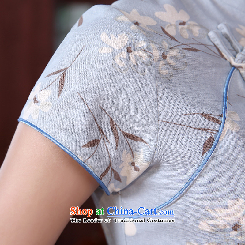 Land 2015 summer morning new Stylish retro short of improved cheongsam dress Chinese daily cotton linen, blue-gray gray-blue , L, morning land has been pressed shopping on the Internet