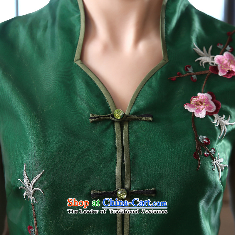 Morning new qipao Land summer short of improvement and Stylish retro CHINESE CHEONGSAM short-sleeved T-shirt OSCE root yarn embroidery 155/S, green land at , , , shopping on the Internet