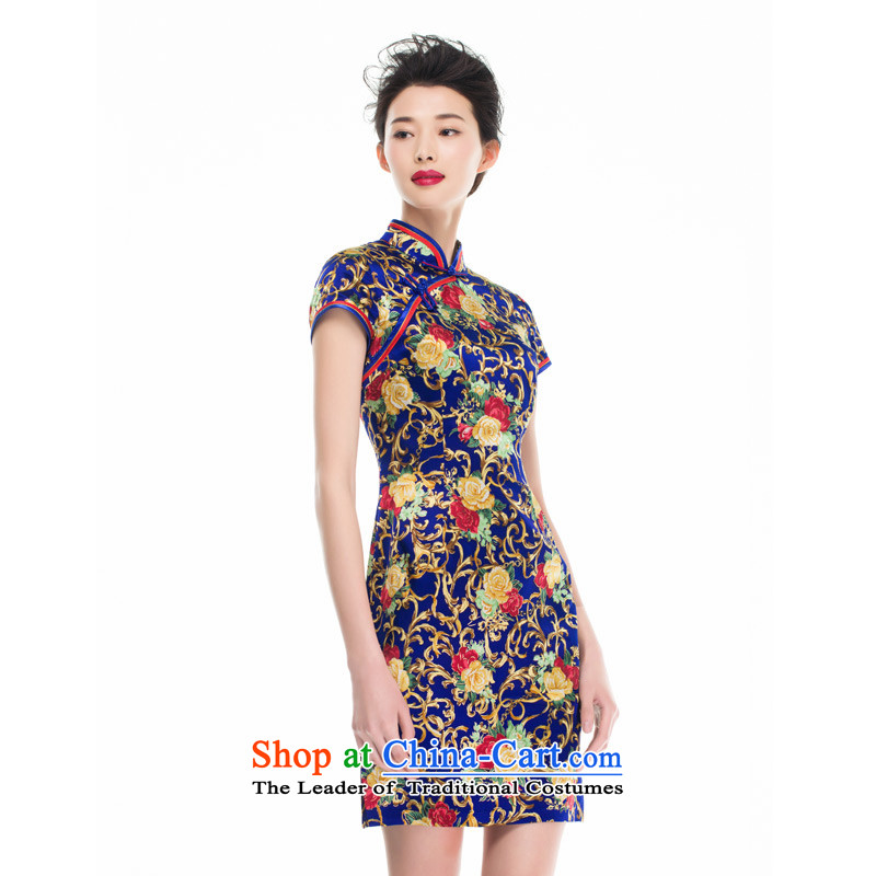 Wooden spring and summer of 2015 is really the new Chinese girl who decorated silk cheongsam dress improved women's skirt 53346 10 deep blue wooden really a , , , S, shopping on the Internet