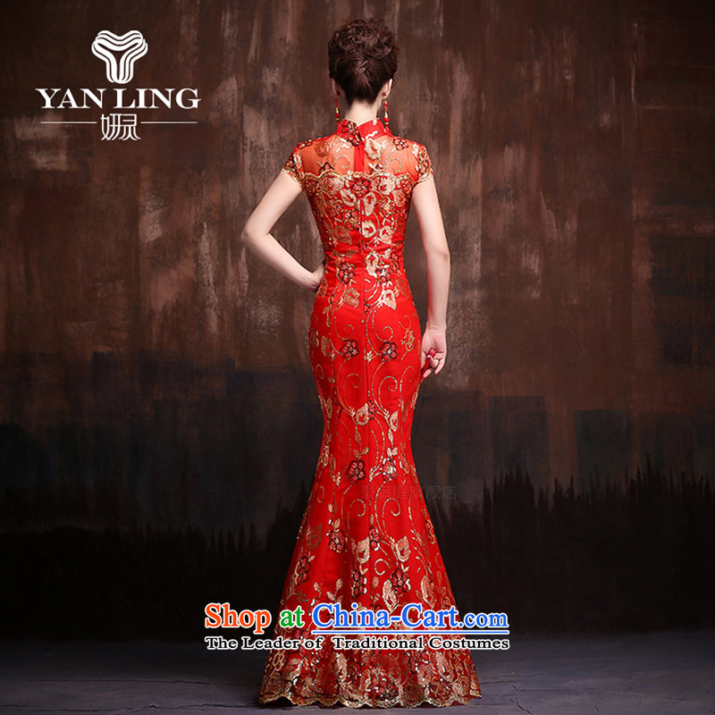 The bride red retro improved qipao marriage solemnisation 2015 new lace crowsfoot Sau San short-sleeved long temperament qipao M, Charlene Choi spirit has been pressed shopping on the Internet