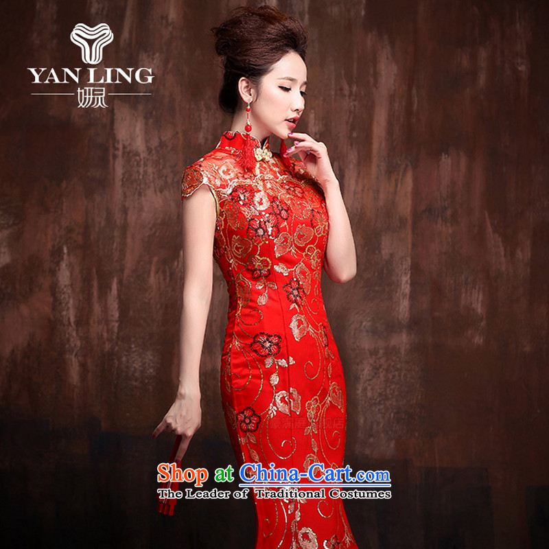 The bride red retro improved qipao marriage solemnisation 2015 new lace crowsfoot Sau San short-sleeved long temperament qipao M, Charlene Choi spirit has been pressed shopping on the Internet