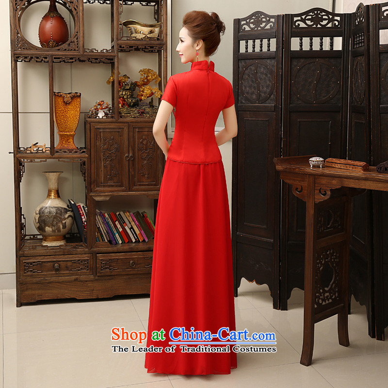 The cheongsam dress 2015 autumn and winter new bride bows to lace short-sleeved chiffon skirt elegant Chinese red marriage retro dress skirt the lift mast to serve time in Syria has been pressed XXL, red shopping on the Internet