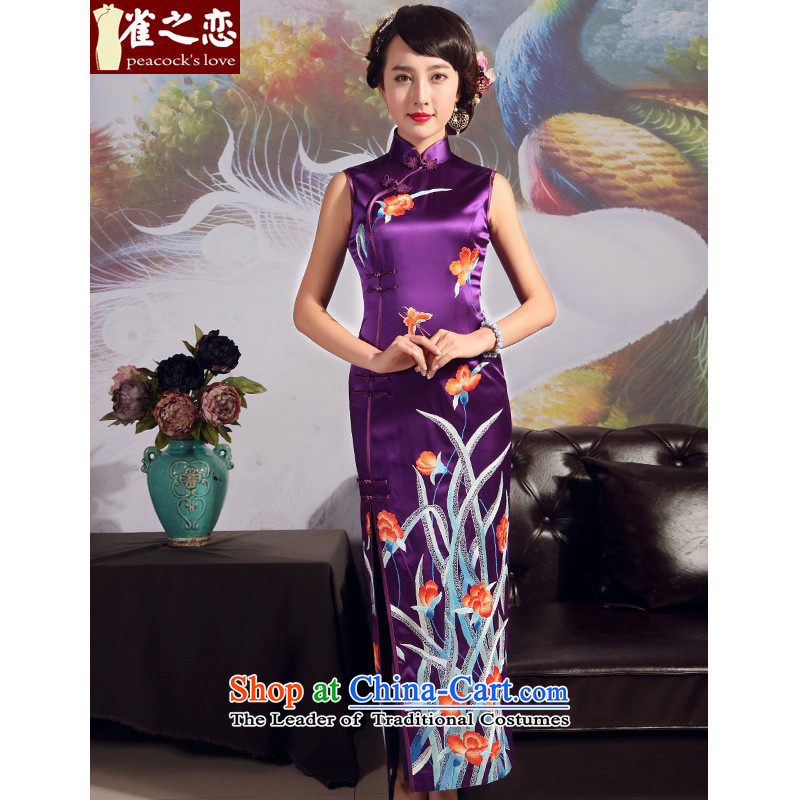 Love of birds?2015 Summer new embroidery cheongsam heavyweight silk embroidery cheongsam QD706 Purple - 20 days pre-sale?S