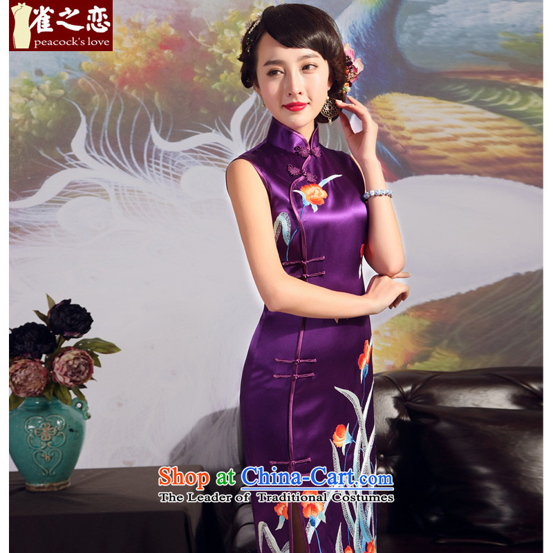 Love of birds 2015 Summer new embroidery cheongsam heavyweight silk embroidery cheongsam QD706 Purple - 20 days pre-sale S love of birds , , , shopping on the Internet