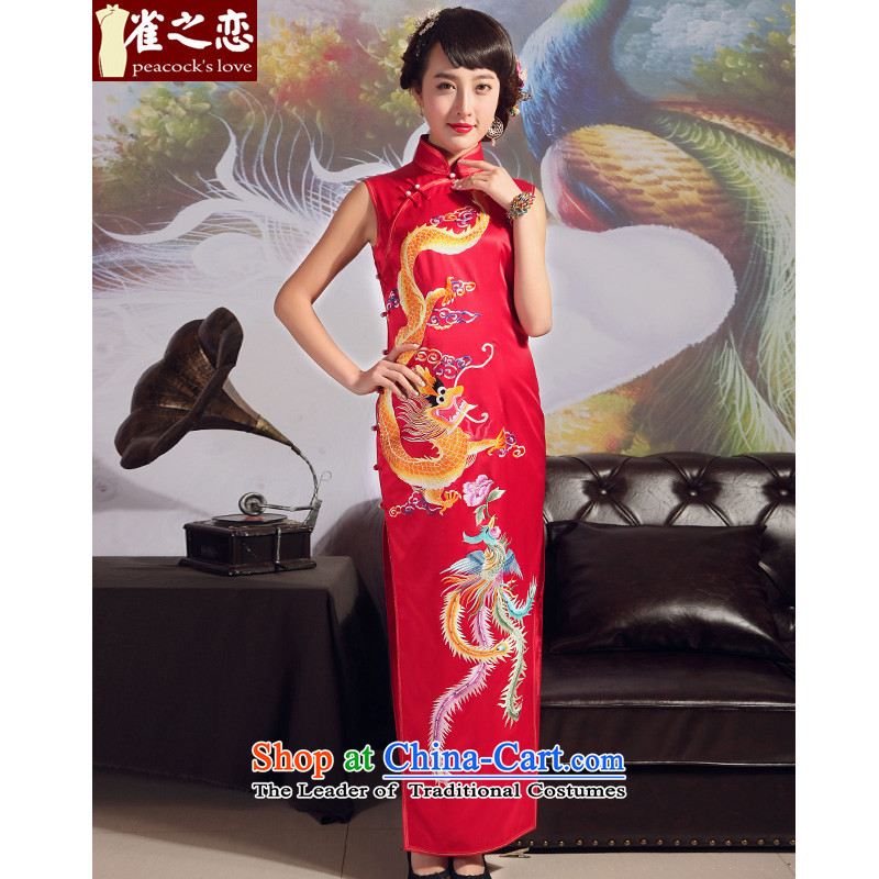 Love of birds 2015 Summer new heavyweight Silk Cheongsam retro long red embroidered red - qipao married pre-sale 20 days?XXL