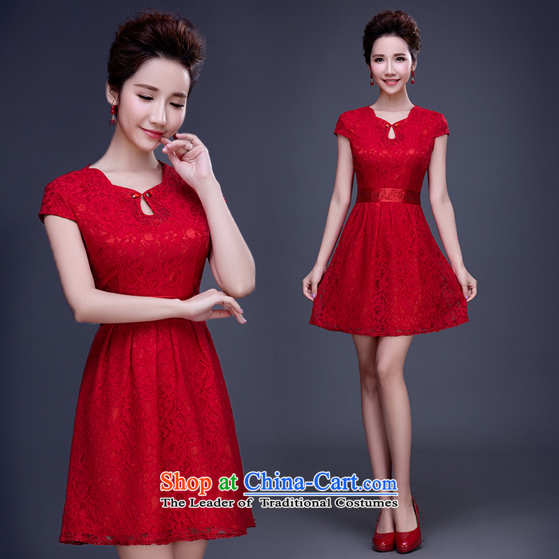 The knot true love bride bows services 2015 Spring New wedding dresses red lace short of Qipao Summer Wedding dress female red sleeveless?L