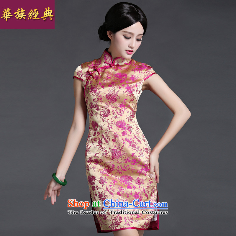 China Ethnic Chinese classic modern-day Ms. improved short-sleeved damask cheongsam dress short of spring and summer load retro suit?XXL