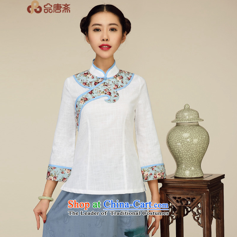 No. of Ramadan Chinese Tang Tang Women's clothes ethnic retro women's Mock-Neck Shirt cheongsam with short white?M