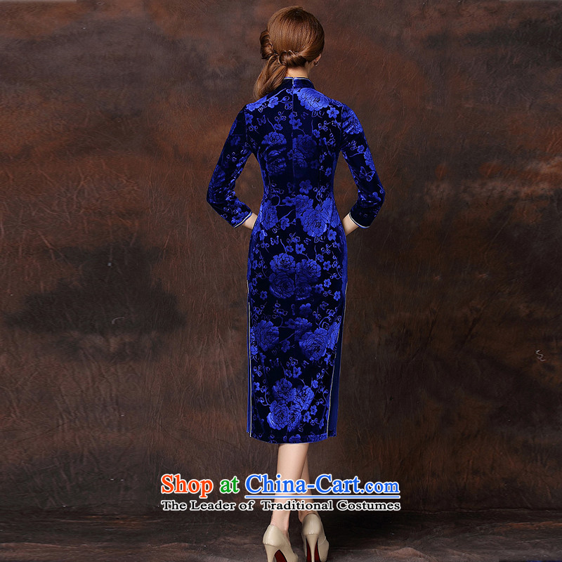 At the end of light and Stylish retro-improved 7 Cuff XWG141008 qipao blue velvet long M light at the end of shopping on the Internet has been pressed.