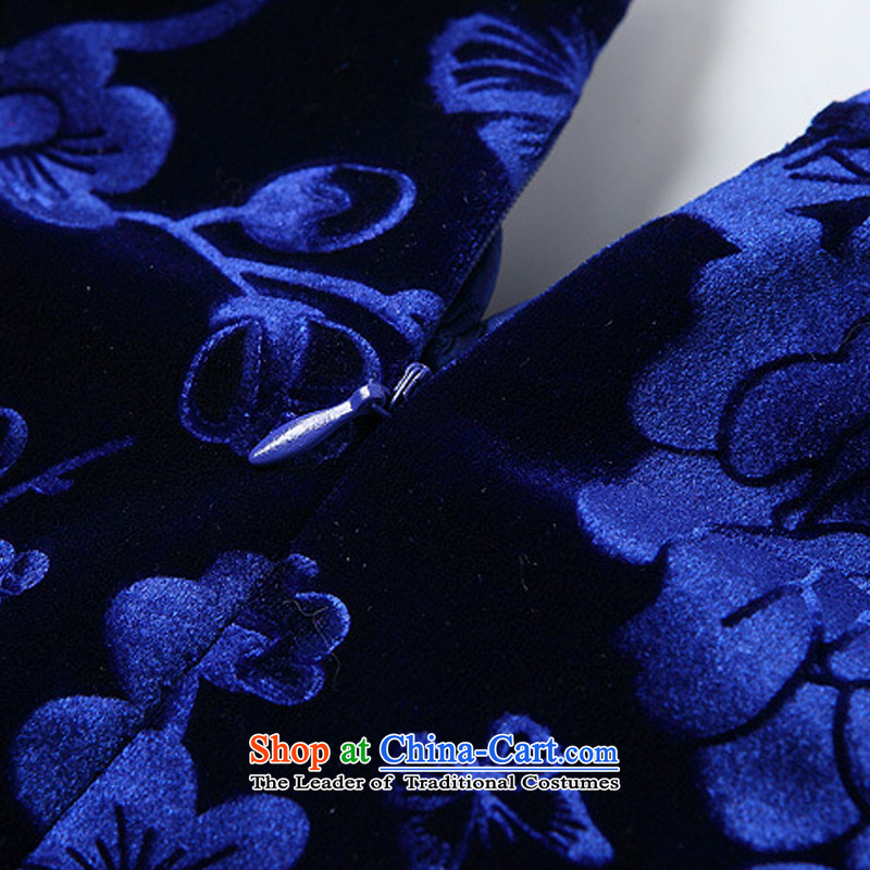 At the end of light and Stylish retro-improved 7 Cuff XWG141008 qipao blue velvet long M light at the end of shopping on the Internet has been pressed.