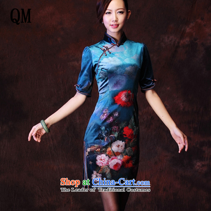The end of the light and stylish stamp improvements Korea lint-free in the retro-sleeved?blue qipao XWG1208-28 daily?XXL