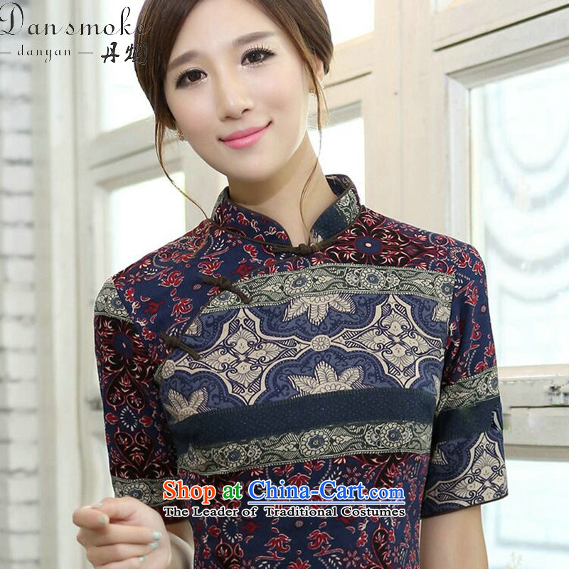 Dan smoke summer women improved collar in the middle and long-sleeved cotton linen word manually detained qipao cheongsam dress classical spell color as shown in the color 2XL, Dan Smoke , , , shopping on the Internet