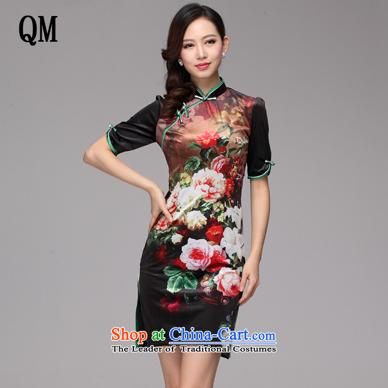 At the end of light gray velour stamp improved retro style, short-sleeved qipao?XWG1208-23_?map color?M