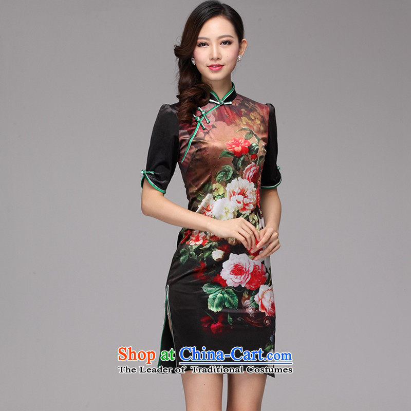 At the end of light gray velour stamp improved retro style, short-sleeved qipao XWG1208-23) map color light at the end of M , , , shopping on the Internet