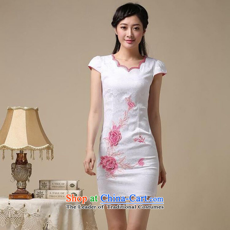 Forest Narcissus Summer 2015 is simple and stylish new improved flower embroidery short-sleeved irregular round-neck collar short of Sau San Tong JAYT-39 load qipao blue on white flower?XL