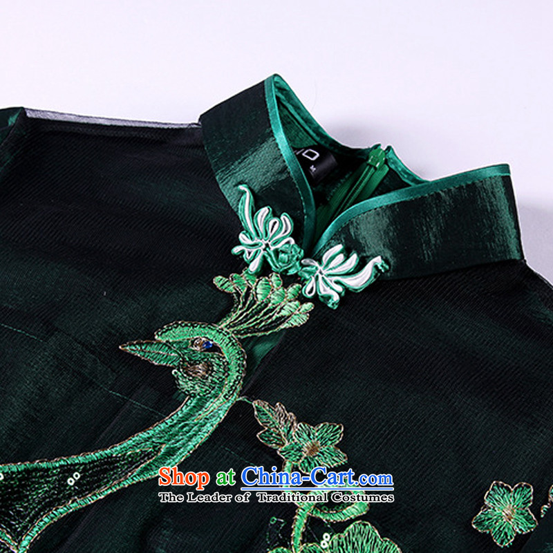 At the end of the autumn and winter 2015 very new modern embroidery gauze improved on-chip banquet long qipao  XWG13-6099 Paock Green light at the end of M , , , shopping on the Internet