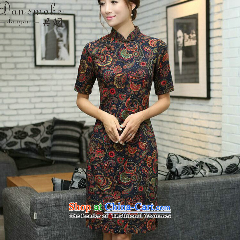 Dan smoke China wind summer female linen collar in the improvement of the cuff and the laptop in the manual long cheongsam dress figure color M Dan Smoke , , , shopping on the Internet
