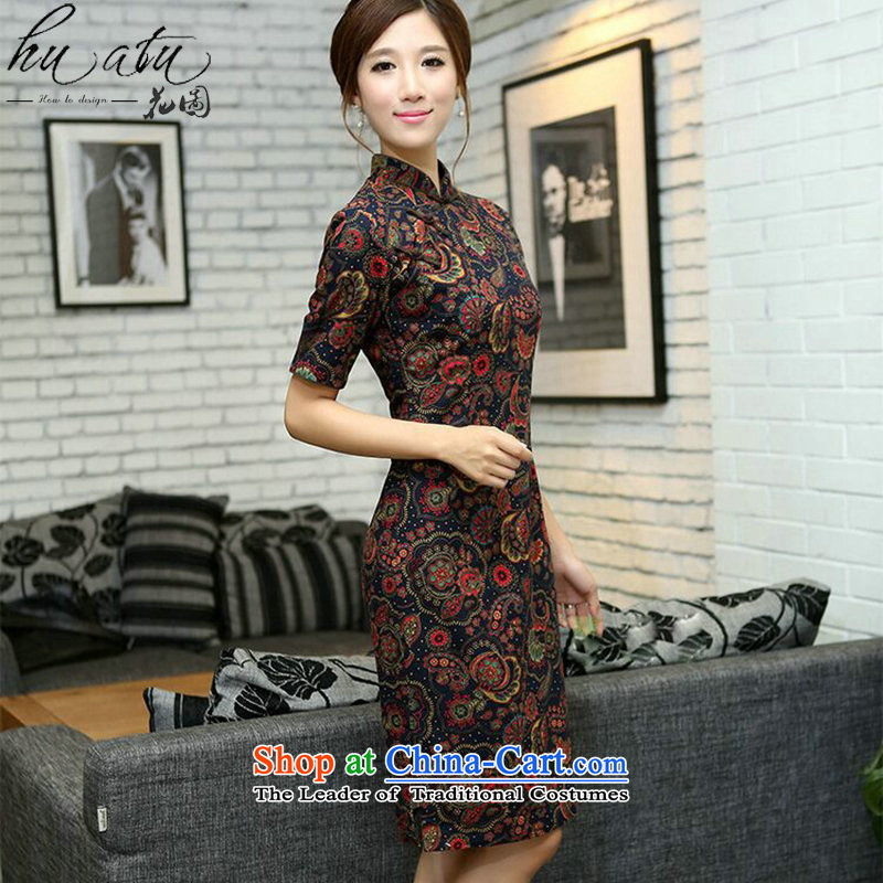 Floral China wind summer female linen collar in the improvement of the cuff and the laptop in the manual long cheongsam dress figure color?L
