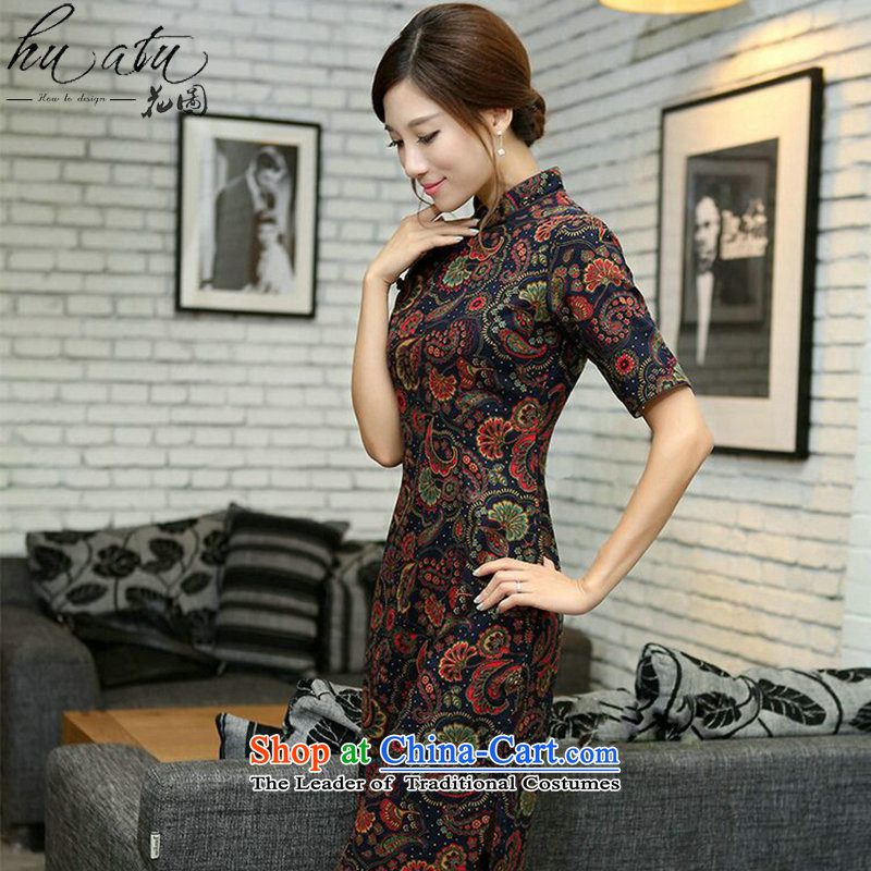 Floral China wind summer female linen collar in the improvement of the cuff and the laptop in the manual long cheongsam dress figure color L, floral shopping on the Internet has been pressed.
