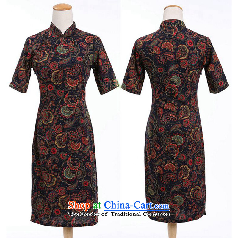 Floral China wind summer female linen collar in the improvement of the cuff and the laptop in the manual long cheongsam dress figure color L, floral shopping on the Internet has been pressed.