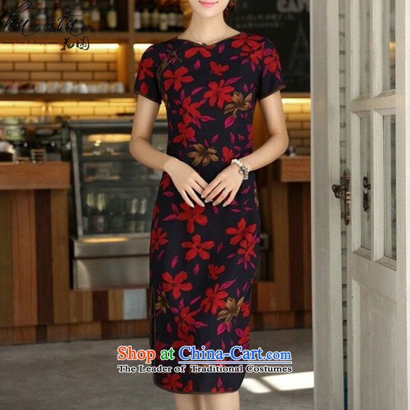 Take a new summer, Figure China wind female retro cotton linen collar word is manually Sau San long skirt figure color qipao XL, floral shopping on the Internet has been pressed.