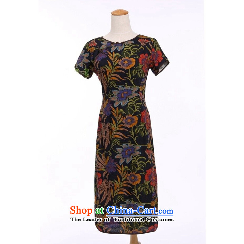 Spend the summer of the new figure China wind short-sleeved lotus round-neck collar linen in long hand tie stylish short-sleeved cheongsam dress figure color mosaic 2XL, shopping on the Internet has been pressed.