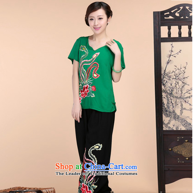 2015 Summer retro Sau San Tong load embroidery Short Sleeve V-Neck short-sleeved T-shirt relaxd casual pants two-piece set with green kit and Asia (XXL, charm charm of Bali shopping on the Internet has been pressed.