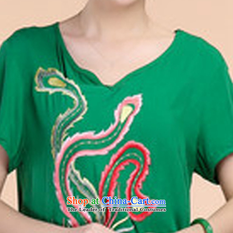 2015 Summer retro Sau San Tong load embroidery Short Sleeve V-Neck short-sleeved T-shirt relaxd casual pants two-piece set with green kit and Asia (XXL, charm charm of Bali shopping on the Internet has been pressed.