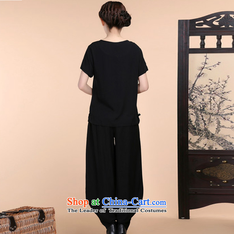 2015 Summer retro Sau San Tong load embroidery Short Sleeve V-Neck short-sleeved T-shirt relaxd casual pants two-piece set pack Black Kit , L, charm and Asia (charm bali shopping on the Internet has been pressed.)