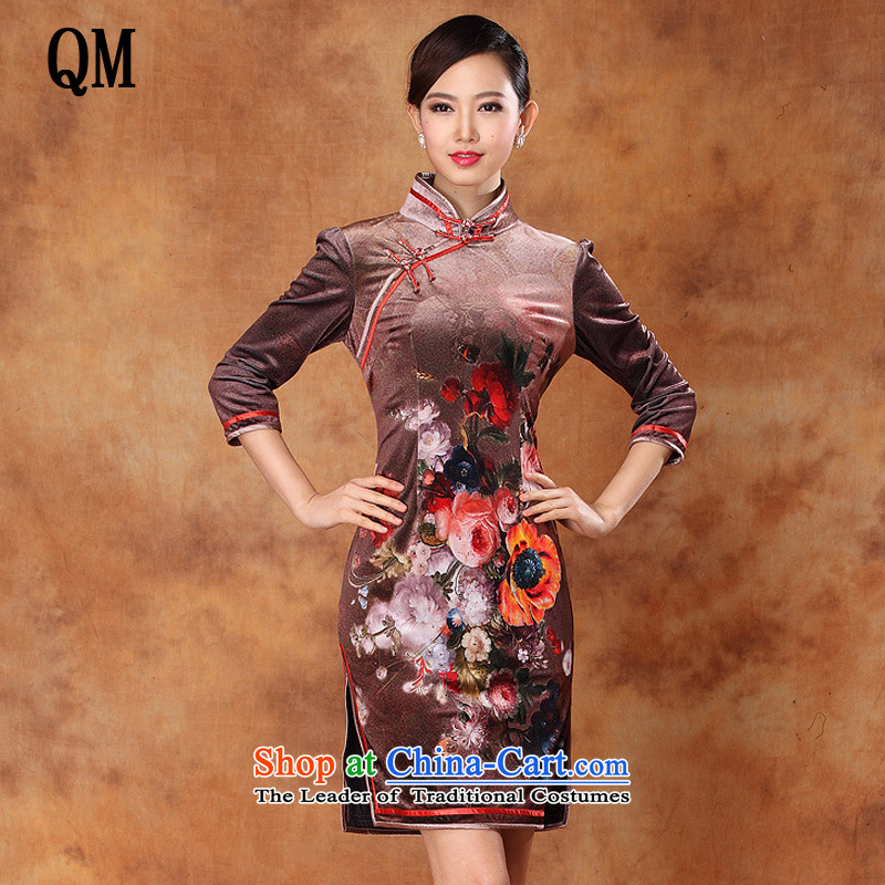 The end of the autumn and winter, light gray velour stamp of nostalgia for the improvement of the pressed short-sleeved cheongsam dress?XWG1208-36 etiquette?map color?XXL