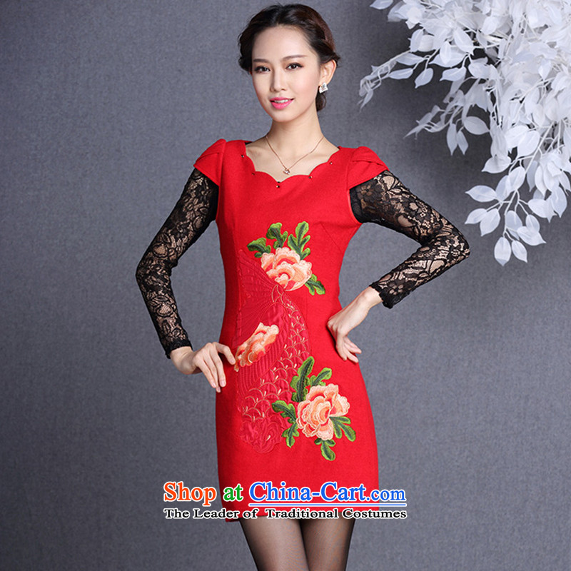 At the end of light and stylish ethnic embroidery improved wool forming the short skirts qipao? female  end of light, Red XWG13054 shopping on the Internet has been pressed.