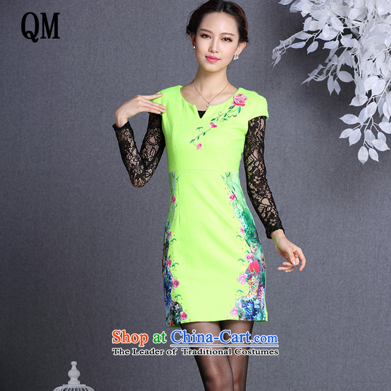 At the end of light and stylish Sau San video thin improved stitching embroidered short cheongsam dress gross??XWG818?Fluorescent Green?L