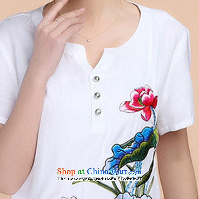 2015 Summer retro Sau San Tong load embroidery Short Sleeve V-Neck short-sleeved T-shirt relaxd casual pants two-piece set with white Kit , L, and Asia (charm charm of Bali shopping on the Internet has been pressed.