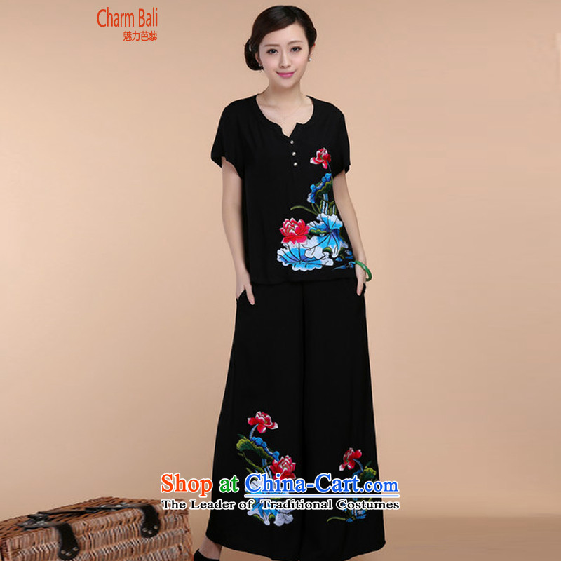 Charm and Asia 2015 Summer retro Sau San Tong load embroidery Short Sleeve V-Neck short-sleeved T-shirt relaxd casual pants two-piece set with Black?XL