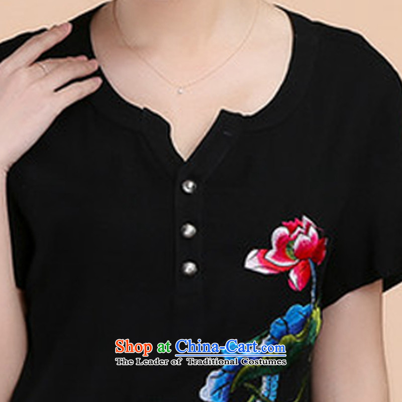 Charm and Asia 2015 Summer retro Sau San Tong load embroidery Short Sleeve V-Neck short-sleeved T-shirt relaxd casual pants two-piece set with black XL, charm and Asia (charm bali shopping on the Internet has been pressed.)