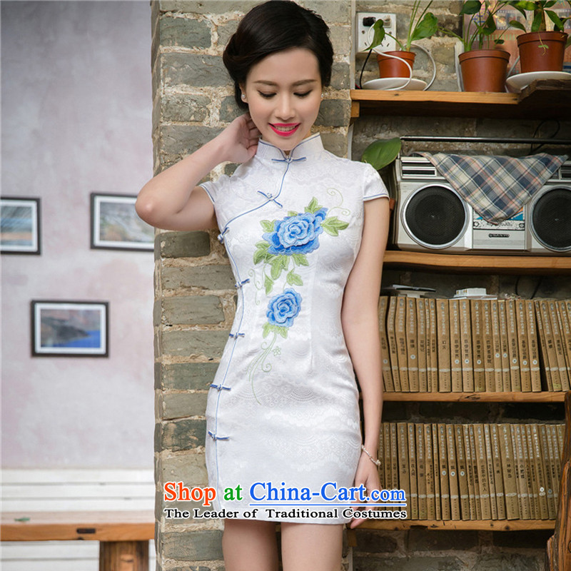 At the end of summer 2015, very stylish and improvement of ethnic Chinese qipao Ms. stereo embroidered short sleeves cheongsam dress JT5088 blue flowers at the end of LIGHT M , , , shopping on the Internet